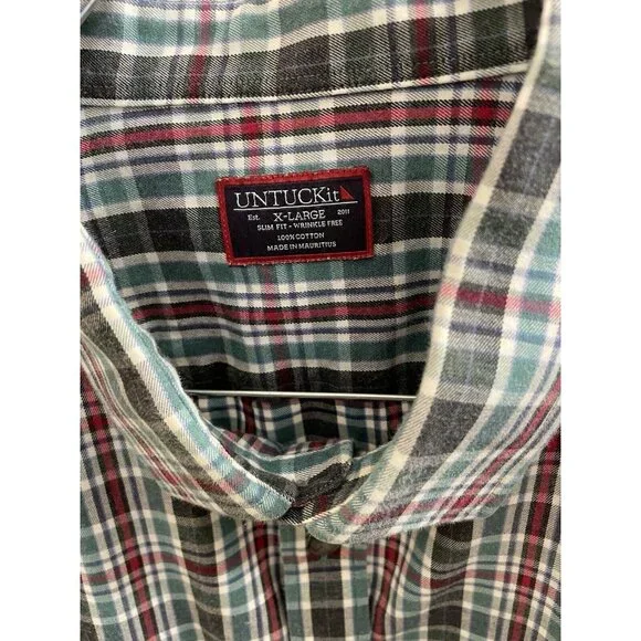 Untuckit Tarcento Mens XL  Slim Wf Shirt Long Sleeve Blue/Green Plaid Button Up - Picture 4 of 10